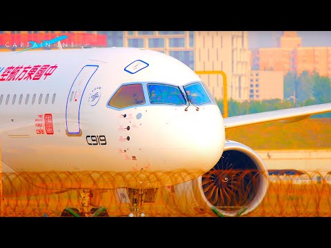 COMAC C919, A319s, A320s, A321s, B737s taxiando de perto | Aeroporto Internacional de Xangai Hongqiao |