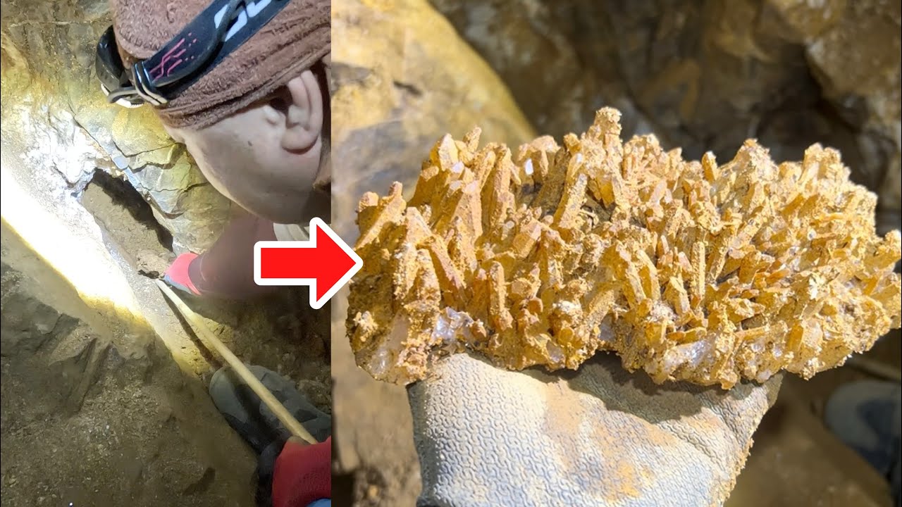 熱水脈鉱床から水晶クラスターの採集