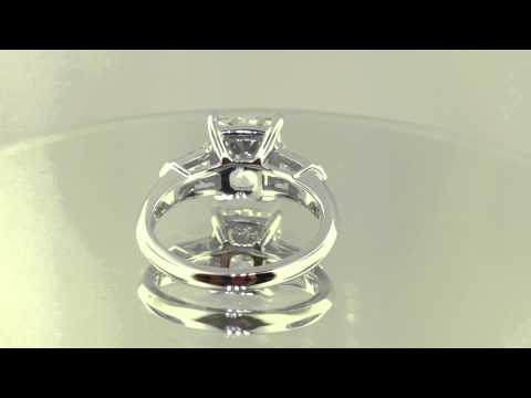 Cushion cut center diamond, tapered baguette side diamonds, platinum 3 stone ring - jon5th eng110
