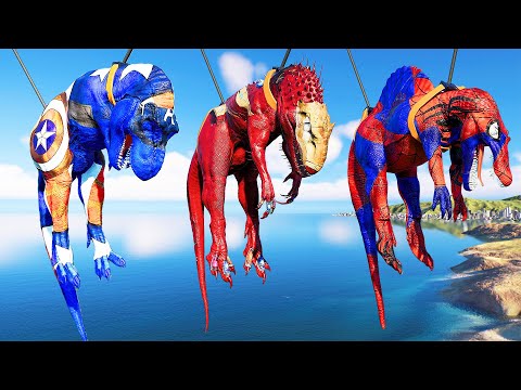 (Jurassic World Evolution)Captain America T-Rex VS SpiderMan Spinosaurus & I-Rex Dinosaurs Fight