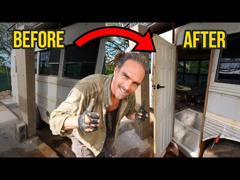 Tiny Home School Bus Transformation, Brand New Entrance Finally Done!