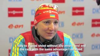 preview picture of video 'Olena Pidhrushna: 1st place  for Ukraine in Hochfilzen Relay'