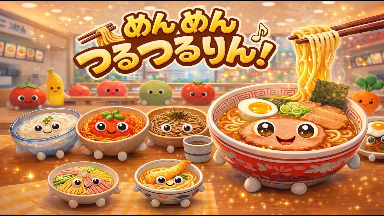 めんめんつるつるりん♪｜ラーメン・うどん・そば！いろんな麺が大集合！｜食べものソング｜AI動画