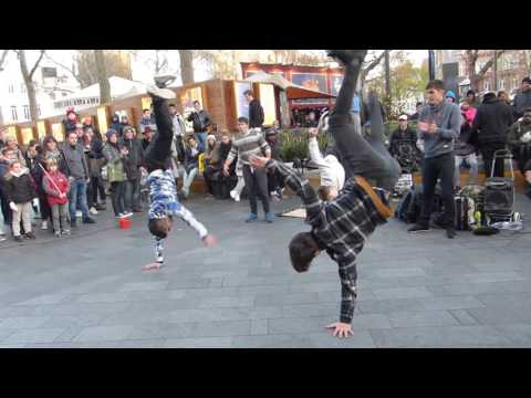 Busking in London: Street dancers, Leicester Square (breakdance)
