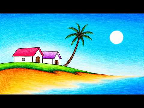 How to Draw Easy Scenery of Houses in the Beach | Simple Tropical Beach Scenery Drawing