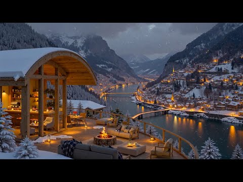 Relaxing Night Jazz at a Snowy River Café | Cozy Winter Jazz by the Fireplace for Relaxation & Rest☕