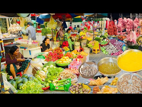 Cambodian Market at Phnom Penh- Mixed Food on the Street & Inside The Market, Chicken, Seafood, Pork