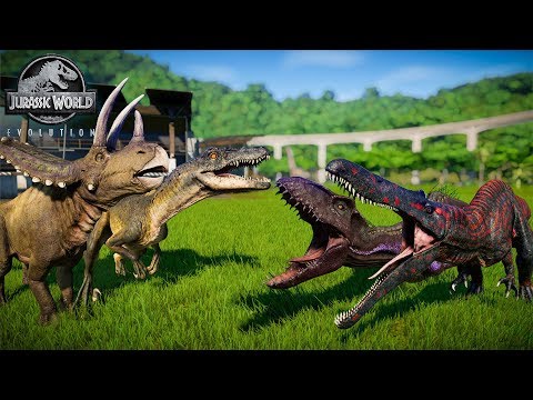 Pentaceratops vs Spinoraptor vs Indoraptor vs Suchomimus - Jurassic World Evolution