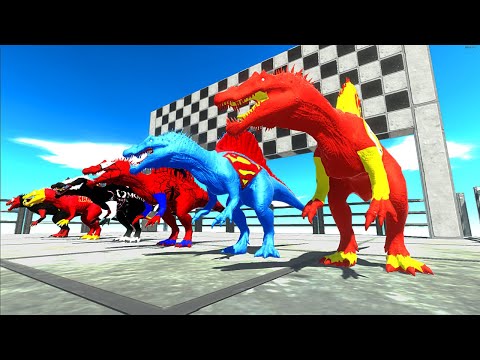 6x Superheroes Spinosaurus Death Run And Death Falling  ♦ Animal Revolt Battle Simulator ♦