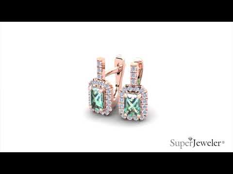 H051749 | Emerald Cut Green Amethyst and Halo Diamond Dangle Earrings In 14K Rose Gold