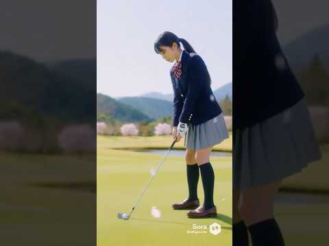 高校の制服姿の女の子がゴルフをしている