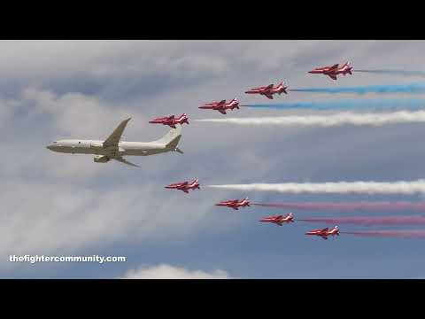 (4K) RIAT 2022. Fly Past P-8 Poseidon & Red Arrows. Royal Air Force.