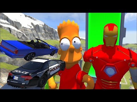 Crazy Vehicle High Speed Jumps Over BART & IRON MAN In Vertical Green Slime Pool - BeamNG.drive