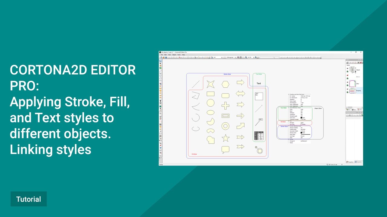 Cortona2D Edotor Pro Tutorial. Applying Stroke, Fill, and Text styles to objects. Linking styles.