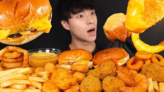 ASMR MUKBANG CHEESE BURGER & CHICKEN NUGGETS & ONION RINGS & FRENCH FRIES & CHICKEN EATING SOUNDS