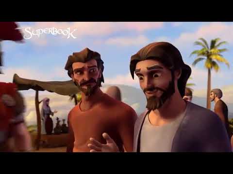 cartoon.. Miracle of Peter and John healing the crippled begger man at the beautiful gate. o! JESUS