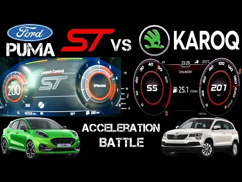 Battle Exhaust 2022 Ford Puma ST 1.5 EcoBoost vs 2021 Skoda Karoq 2.0 TSI accelerattion 0-200