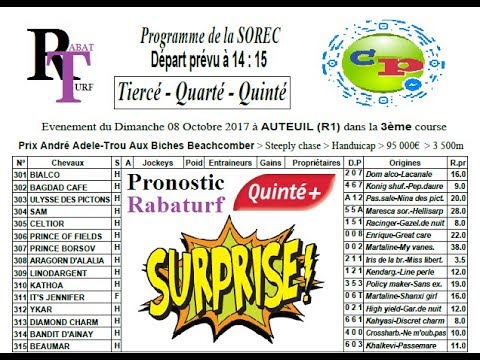 Rabaturf Pronostic/*100 % Quinté +/*Surprise/*08/10/2017 - Auteuil - Prix André Adèle   | R (1)
