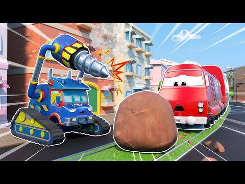 Super Drill breaks while saving TRAIN racing toward BIG ROCK|Emergency Vehicles for Kids| Car Repair