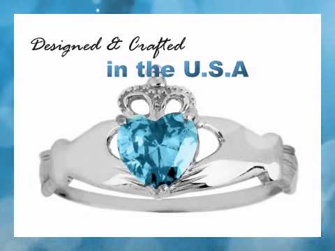 White Gold Birthstone Claddagh Ring Blue Topaz - Factorydirectjewelry.com