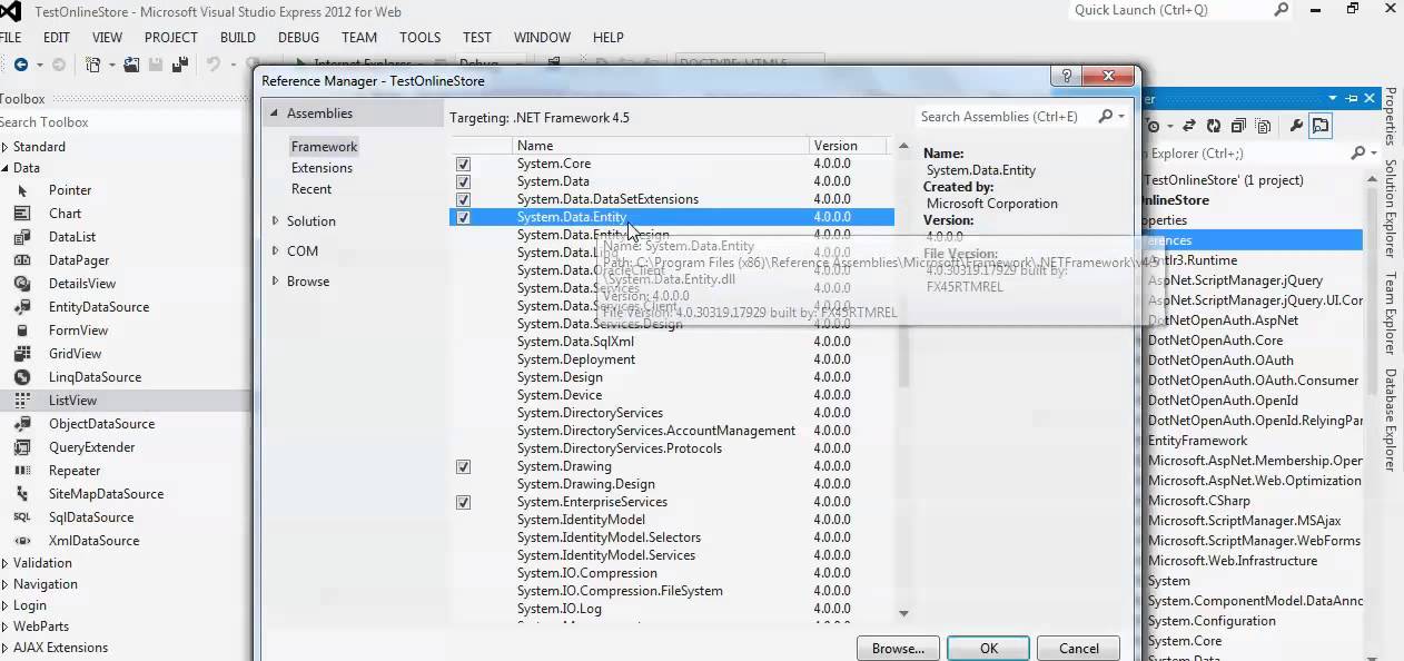 C# ASP.NET How to fix error The type System.DataObjectsObjectContex
