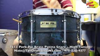 Video thumbnail for Pork Pie Brass Patina Snare Drum 7x13 - The Drum Shop North Shore by Nate Morrison Drums
