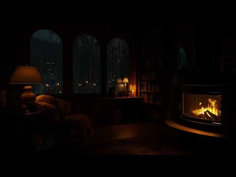 Spending Night in Cozy Reading Nook w/ Fireplace & Cozy Rain at midnight Ambience to Reading & Focus