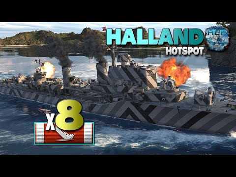 Destroyer Halland on map Hotspot, 8 ships destroyed - World of Warships