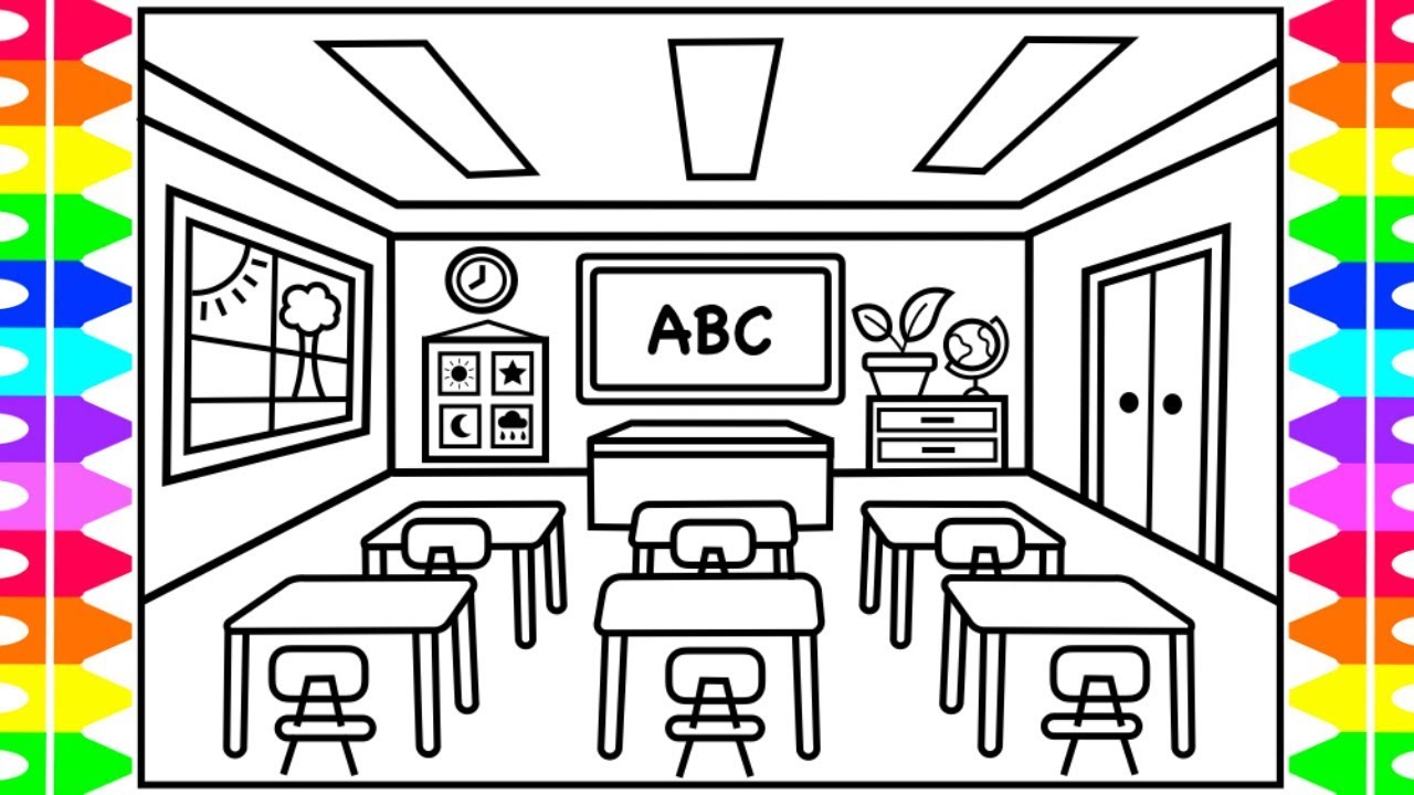 How to Draw a CLASSROOM for KIDS 🍏🎒📚✏️ Classroom Drawing for Kids | Classroom Coloring Pages Kids