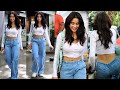 Janhvi Kapoor With Smiling Face Looking Stunning In Denim With White Crop Top Outside Her GYM