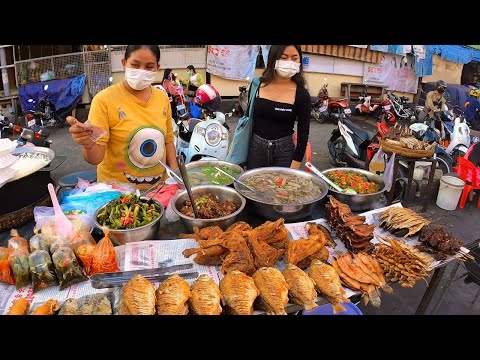 Phnom Penh Street Food @Olympic Market, Grilled Meats, Grilled Ducks, Fishes, Market food Shows