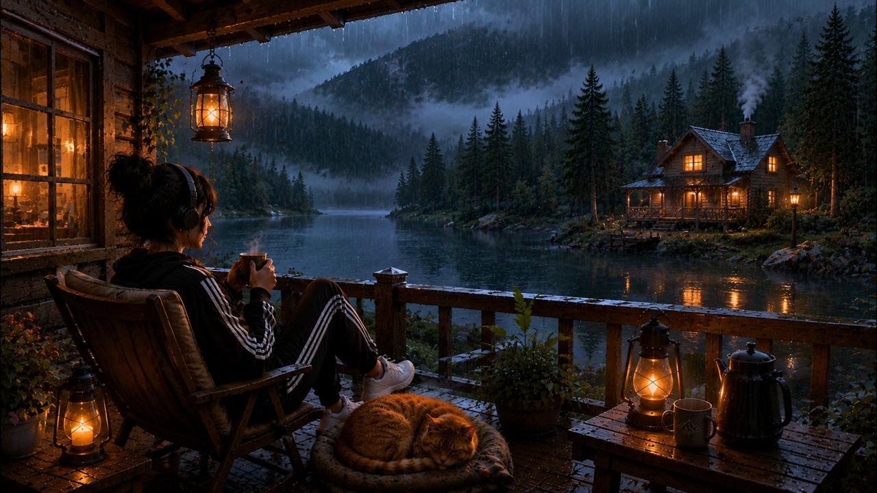 🌧️ Rainy Wooden Cabin Lofi ☕ Cozy Lantern Night | Forest Rain Ambience for Study, Sleep & Relax