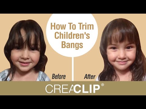 Before and after images of a little girl’s bangs, demonstrating the hair trimming technique with the text "How To Trim Children's Bangs" and branding for CreaClip, highlighting a neat and balanced fringe.