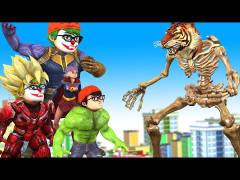 Avenger Team Marvel Nick vs Giant Zombie Skeleton Tiger Rescue City - Scary Teacher 3D Hero
