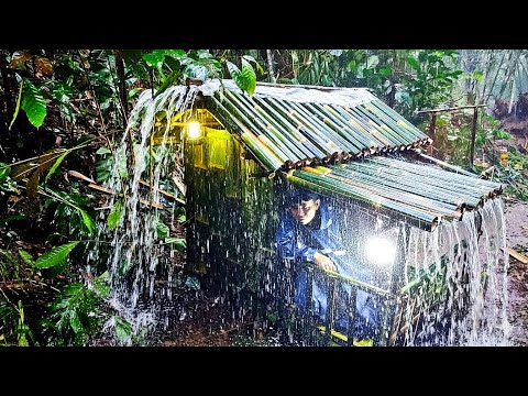 Camping heavy rain thunderstorm survival in the forest building a Bamboo house ASMR