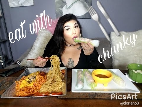 Spring rolls and spicy noodles big bites and sloppy eating MUKBANG