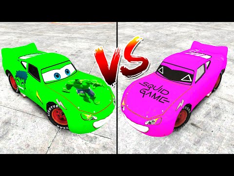 GTA 4 Squid Game Lightning McQueen vs HULK McQueen Mega Ramp Crash Testing #1