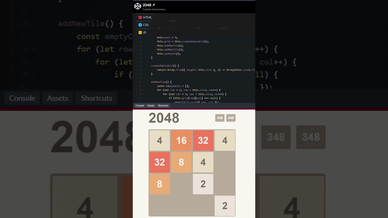 2048 Game in HTML, CSS & JavaScript #shorts #2048 #coding