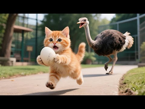 The Kitten Steals an Ostrich Egg and Gets Into Danger  Mama Cat Arrives Just in Time to Save the Day