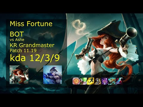 Miss Fortune ADC vs Ashe - KR Grandmaster 12/3/9 Patch 11.19 Gameplay // [롤] 미스 포츈 vs 애쉬