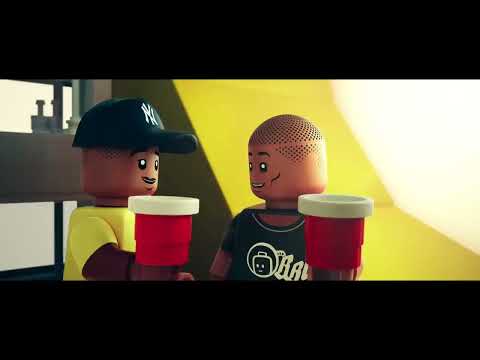 Trailer collage: Clipse’s 'Grindin’' lunch-table beat visualized in LEGO studs, Gwen’s cheer-block, and N.E.R.D. fuzz on a toy-sized stage