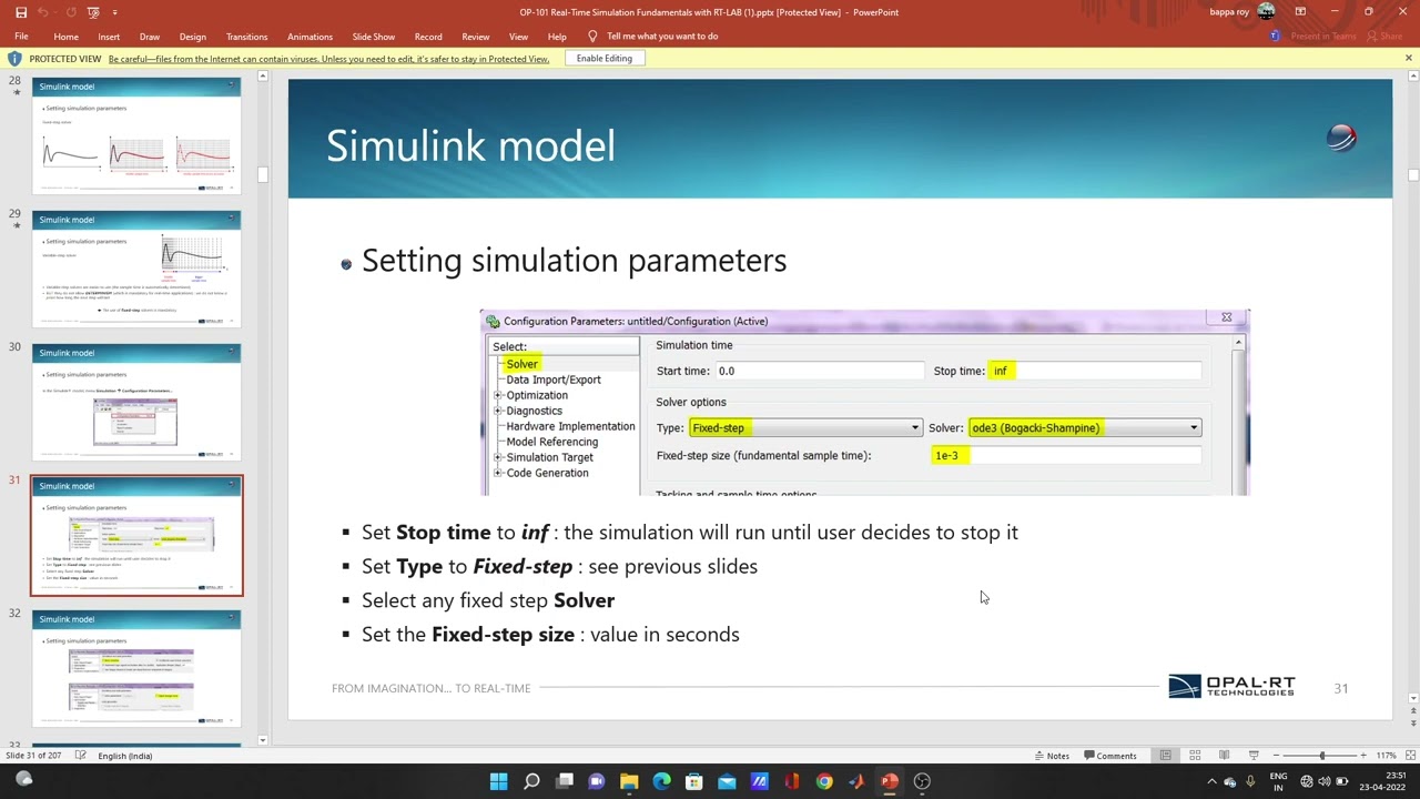 Simulation parameters for REAL TIME simulation