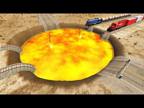 Trains vs Giant Lava Crater - BeamNG.Drive