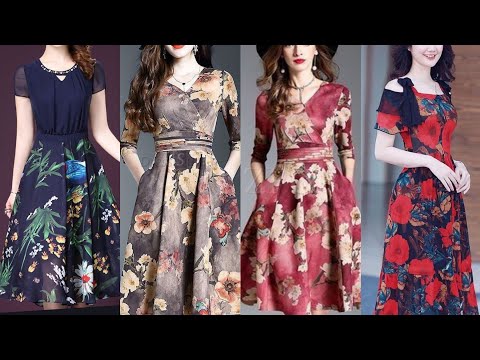 winter business casual outfits for winter women's over50 silk floral short A-LINE midi dress👗2023-24