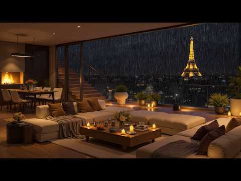 Elegant Penthouse Rainy Night 🌙 Luxury Apartment with Jazz Piano, Fireplace Sounds & Calm Ambience