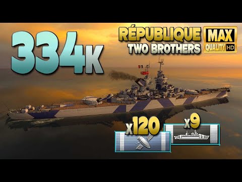 Battleship République: 335k on map Two Brothers - World of Warships