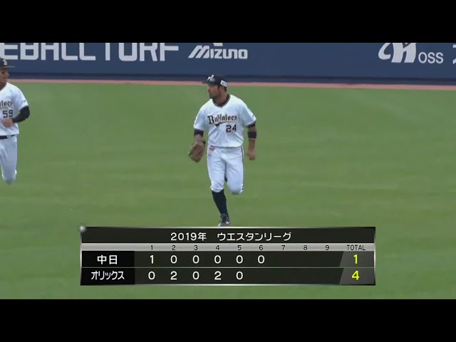 【ファーム】バファローズ・宮崎 フェンスを恐れずジャンピングキャッチ!! 2019/4/12 B-D(ファーム)