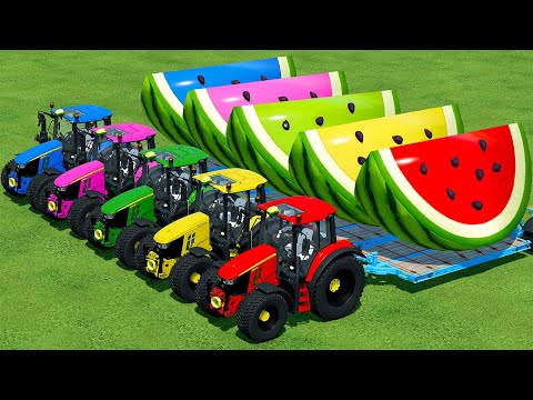 CLAAS vs CASE vs FENDT vs JOHN DEERE TRACTORS TRANSPORT WATERMELONS - Farming Simulator 22