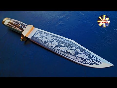 Linder Deluxe Bowie Knife stag etching blade Hirschhorn Sammlermesser Solingen