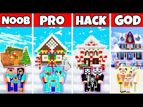 Minecraft: FAMILY CHRISTMAS HOUSE BUILD CHALLENGE - NOOB vs PRO vs HACKER vs GOD in Minecraft